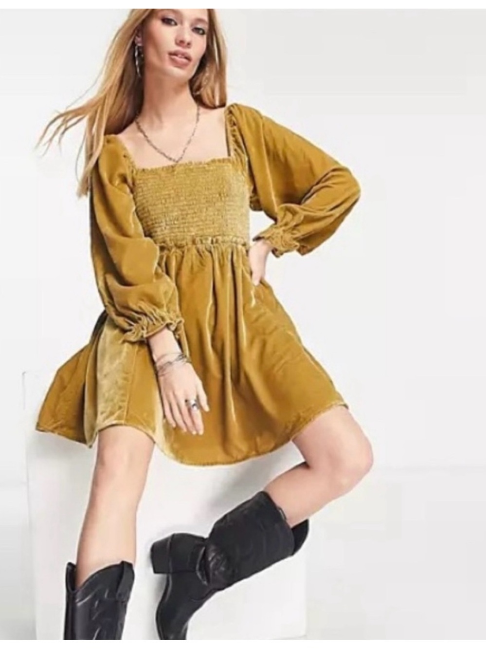 Free People Mustard Velvet Smocked Mini Dress